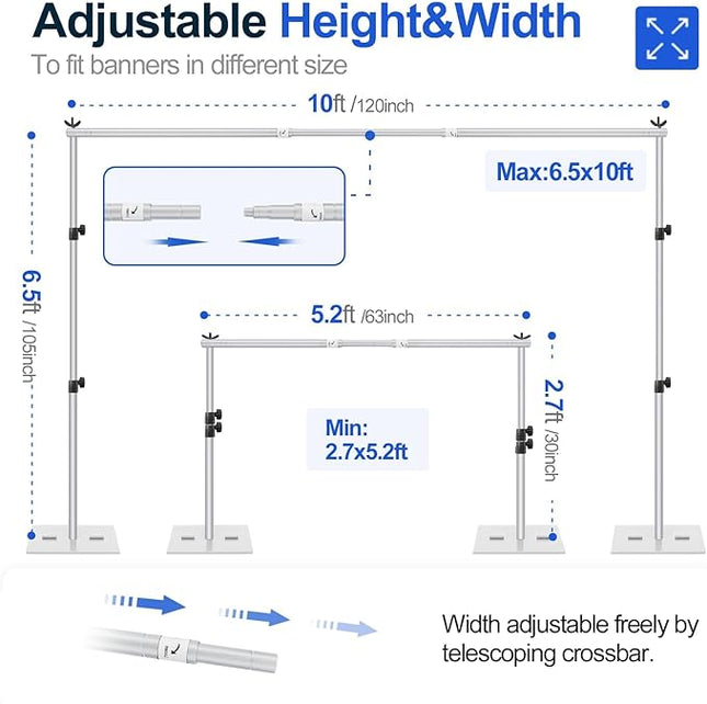 EMART Backdrop Stand, 6.5x10 ft Adjustable Photo Background Pipe and Drape Photography Kit with Heavy Duty Metal Flat Base for Parties, Wedding, Video Studio, Birthday - Silver