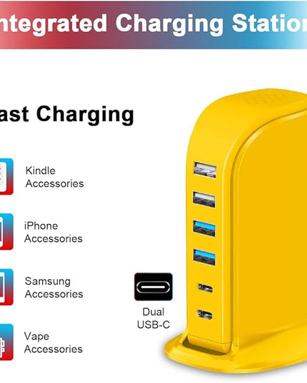 45W USB Charging Station, 6-Port Hub with 4 USB-A & 2 USB-C Ports, 5ft Cable, Yellow