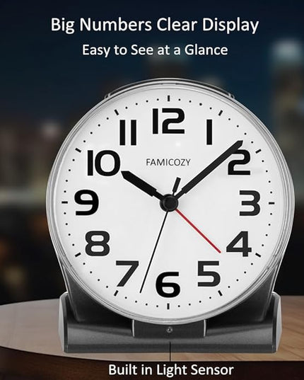 FAMICOZY Automatically Backlighted Alarm Clock,Silent No Ticking for Seniors Vision Impaired,Easy to Set,Big Numbers,Ascending Alarm,Gentle Wake,Snooze,2 AA Battery Operated,Black
