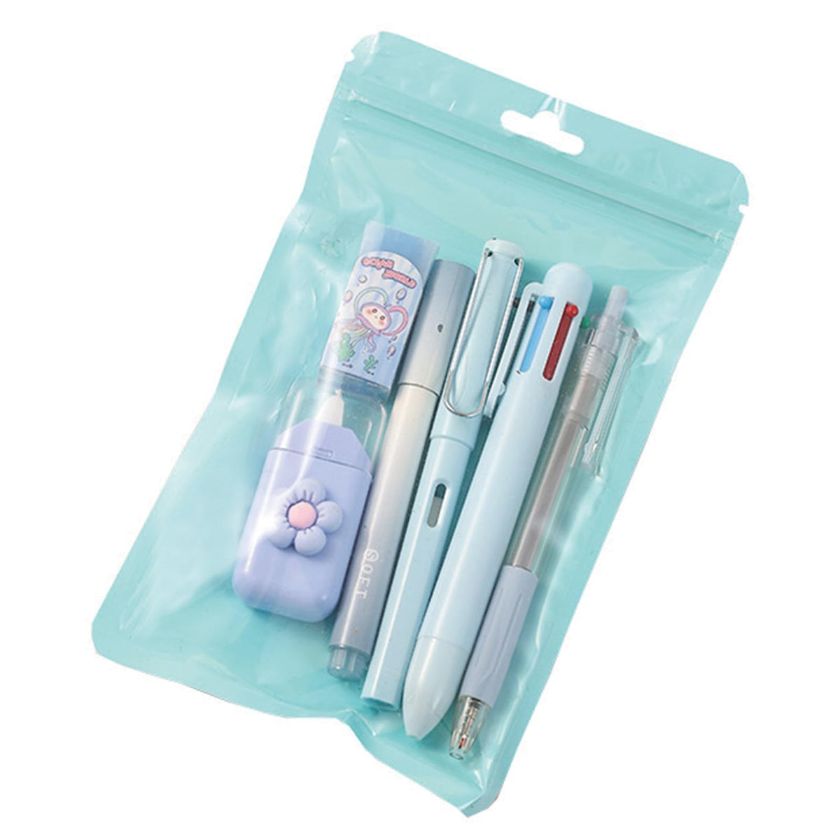 MOZXIRZ 6 Pcs Cute Pink Stationery Set Kawaii School Supplies Office Supplies Women Stationery Kit Including Ballpoint Pens Pencil Highlighter Correction Tape Ruler Eraser (Blue)