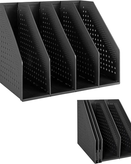 SAYEEC Collapsible Magazine Holder Plastic Desktop 4 Compartment File Rack Magazine Organizer Vertical File Divider Sorter Storage Document Organizer for Office Home School Black