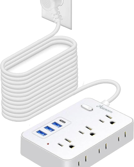 20 FT Extension Cord with Multiple Outlets, Asamoom 20 ft Surge Protector Power Strip with 6 Outlets with 4 USB Ports(1 USB C)，Flat Plug with Long Cord 1700 Joules Protection for Home Office White