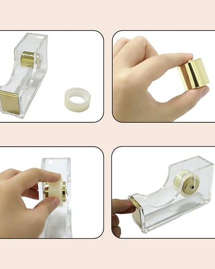 Gold Tape Dispenser, Clear Acrylic Desk Tape dispensers with Serrated Metal Edge, Modern Aesthetic Office & Craft Tape Organizer for Gift Wrapping, 1 Inch Core, Non-Slip Weighted Base