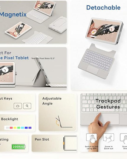 EIP Magnetix Keyboard Case for Google Pixel Tablet 11 inch (2023), Adjustable Viewing Angle, Detachable, Easy Carry, Protective Cover Compatible with Speaker Dock, 7 Backlight Color, White, US Layout