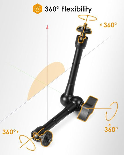 TARION Magic Arm with Super Clamp - 11in/28cm Adjustable Articulating Friction Camera Mount & Clamp with 1/4"" and 3/8"" Thread for LCD Monitor LED Light Flash Light Phone Action Cam, Black