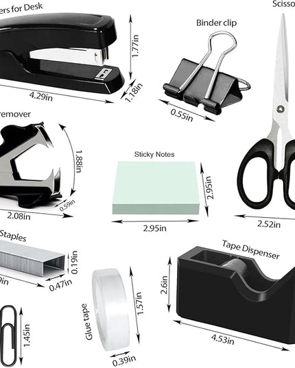 Black Office Desk Accessories, Black Office Supplies Set, Desk Drawer Organizer,Stapler and Tape Dispenser Set,Tape,Staple Remover, Staples, Paper Clips, Scissor and Sticky Note