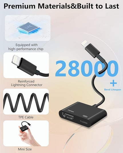 Lightning to HDMI Adapter for iPhone, [Apple MFi Certified] Digital AV Dongle,1080P Sync Screen Cable with Lightning Charging Port for iPhone, iPad to TV/Projector/Monitor No Need Power Supply