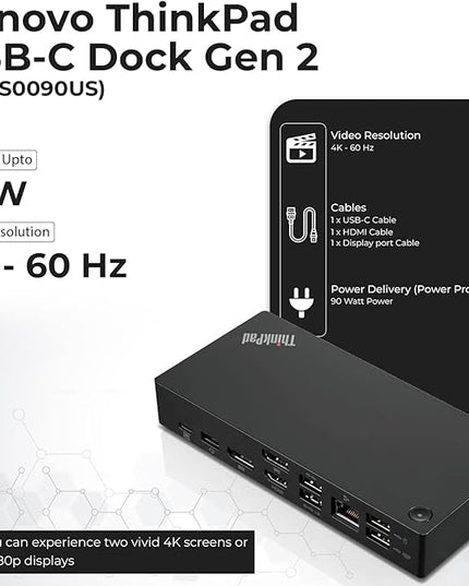 Lenovo 40AS0090US Thinkpad Docking Station Gen 2 - Supports 4K Display, 1 Year Warranty, Lenovo Docking Station with 90W Adapter, HDMI, USB-C, DisplayPort Cables - USB-C Thunderbolt 3 Dock (Renewed)