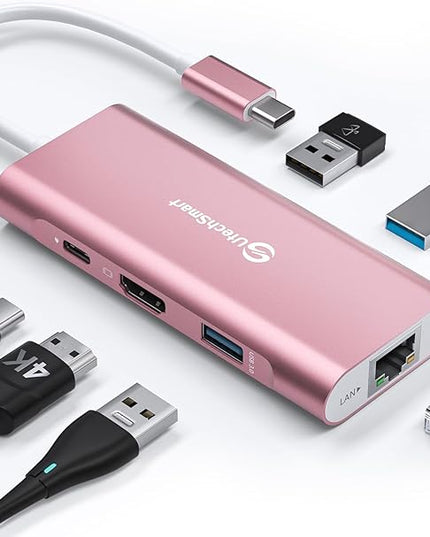UtechSmart USB C Hub, Ethernet Multiport Adapter 6 in 1 USB C to HDMI Dock Compatible for MacBook Pro/Air, Chromebook, Dell XPS, HP and Type C Devices (Gigabit Ethernet 100W PD 4K HDMI USB 3.0) Pink