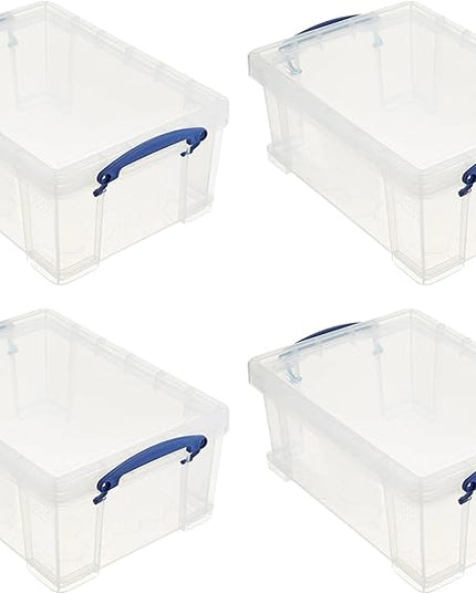 Really Useful Box Stackable 9 Liter Plastic Storage Container Bin with Snap Lid and Built-In Clip Lock Handles for Home & Office Organization (4 Pack)