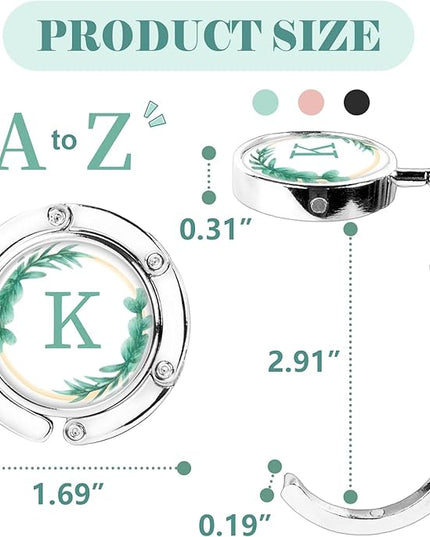 3pcs Personalized Initial Foldable Purse Hook for Table - Flower Letter Folding Handbag Hanger, Portable Magnet Table Holder, Collection Desk Hooks for Women Bag (Green-K)