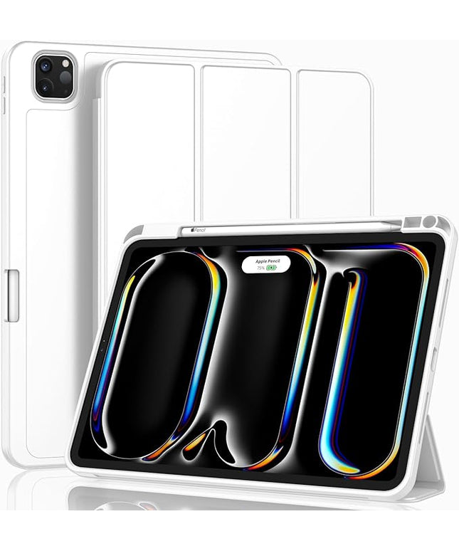 ZryXal iPad Pro 11 Inch Case (M5) 2025/ (M4) 2024 (Model: A2836/A2837/A3006), Trifold Stand Smart Cover with Pencil Holder and Soft TPU Back, Auto Wake/Sleep (White)