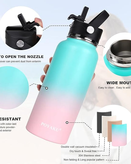 Water Bottle Insulated 32oz 40oz 64oz 128oz Straw Lid Spout Lid & 3 Lids, Leak Proof, Vacuum Insulated,Stainless Steel Water Bottle Wide Mouth for Sports, Gym or Office