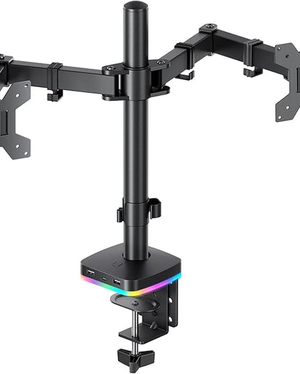 RGB Dual Monitor Desk Mount, Monitor Stand with 3 USB Ports, Charging and USB Data Transfer Function, Adjustable Arms for 13"-27" Monitors up to 17.6lbs, VESA 75x75mm 100x100mm, Ergonomic Design