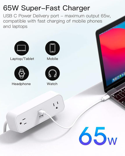 Desk Clamp Power Strip, 65W 10ft Extension Cord- 2 Outlets Desktop Power Strip with USB C 65W, USB A(QC 18W) Desktop Desk Clamp Power Station for Office, Home