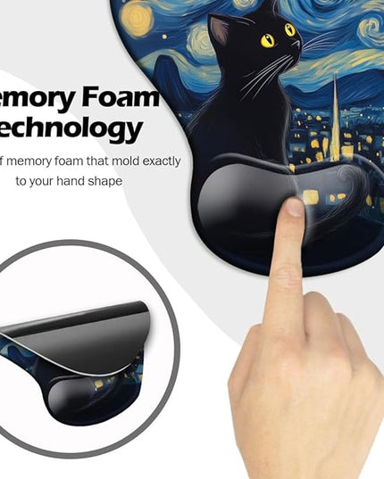 Ergonomic Mouse Pad with Wrist Support,Mouse Pad with Wrist Rest and Coaster Set,Office Supplies Non-Slip Mouse Pads for Desk, Non-Slip Comfortable,Cute Black Cat