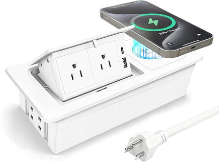 Conference Table Power Hub 15W Wireless Charger and PD20W Type-C Fast Charging, Pop up Outlet Desktop Connection Box with 2AC Outlets and USB Ports for Kitchen Countertop Conference Room, White