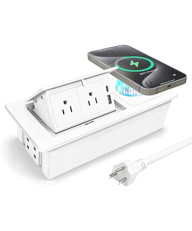 Conference Table Power Hub 15W Wireless Charger and PD20W Type-C Fast Charging, Pop up Outlet Desktop Connection Box with 2AC Outlets and USB Ports for Kitchen Countertop Conference Room, White