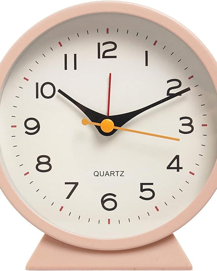 SHISEDECO 4.5" Battery Operated Antique Retro Analog Alarm Clock, Small Silent Bedside Deskclock with Light Function, Non-Ticking Tableclock Decor for Living Room, Bedroom, Bedside, Shelf (Pink)