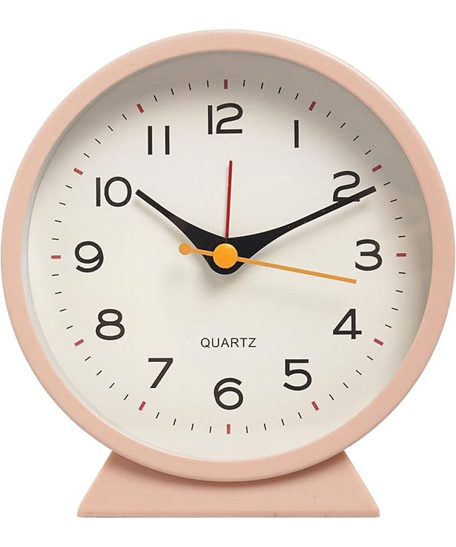 SHISEDECO 4.5" Battery Operated Antique Retro Analog Alarm Clock, Small Silent Bedside Deskclock with Light Function, Non-Ticking Tableclock Decor for Living Room, Bedroom, Bedside, Shelf (Pink)