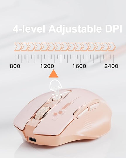 Wireless Bluetooth Mouse,[Upgraded] Rechargeable Computer Mice (BT 5.0/4.0+2.4G Hz) with Visible Battery Level, 4 Adiustable DPl, Portable PC Mouse for MacBook Chromebook,Pink