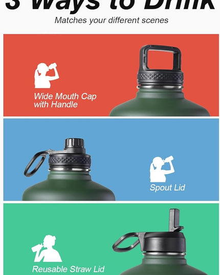 Coolflask 128 oz Gallon Water Bottle Insulated with Straw&3 Lids, Water Jug Large Stainless Steel Metal Vacuum Wide Mouth for Sports, Gym or Office, Non-BPA Keep Cold 48H Hot 24H, Dark Green