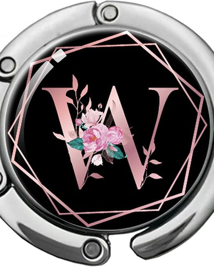 Pink Initial Foldable Purse Hook, Flower Letter Handbag Hanger, Women's Bag Hanger Hook, Round Purse Table Hook, Funny Desk Hook Gift for Family Colleague Friend Office Worker (Flower W)