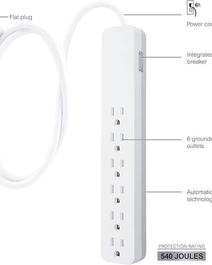GE 6-Outlet Surge Protector, 6 Ft Extension Cord, 540 Joules, Power Strip, Flat Plug, Integrated Circuit Breaker, Wall Mount, ETL Listed, White, 83048