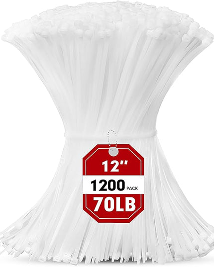 Zip Ties, RAZCC 1200pcs Cable Zip Ties 12 Inch, Heavy Duty White Plastic Wire Ties with 70lb Tensile Strength, Self-Locking Nylon Cable Ties, Wire Management for Indoor and Outdoor