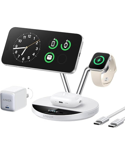 Anker Prime MagSafe Charger Compatible, 3-in-1 Charging Station, Qi2 25W Certified Wireless Charger Dock Stand, Smart Display with TEC Active Cooling, for iPhone 17, Apple Watch, AirPods (White)