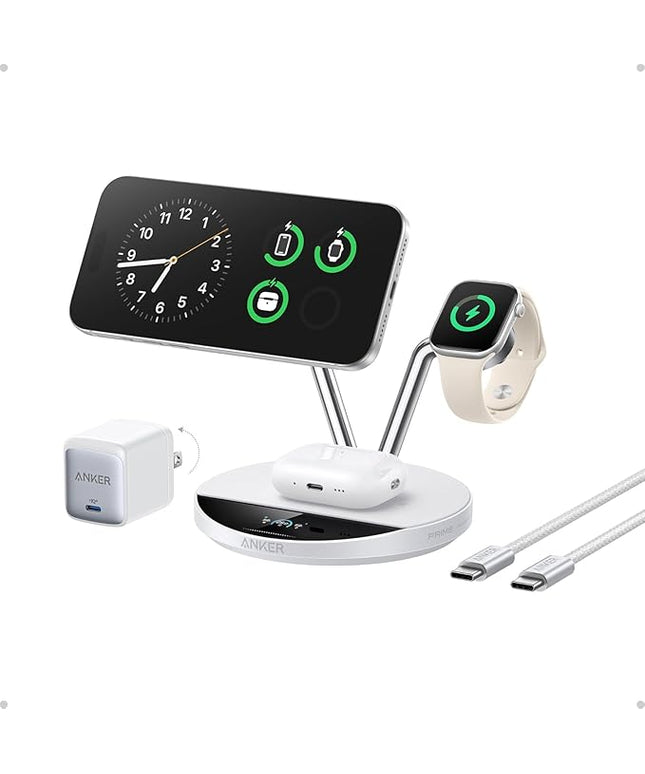 Anker Prime MagSafe Charger Compatible, 3-in-1 Charging Station, Qi2 25W Certified Wireless Charger Dock Stand, Smart Display with TEC Active Cooling, for iPhone 17, Apple Watch, AirPods (White)