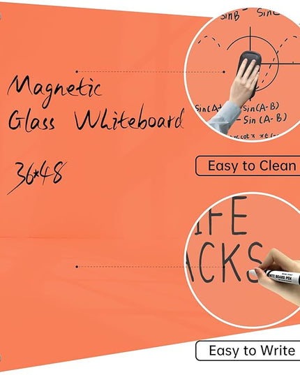 Magnetic Glass Dry Erase Board - White Board 48 x 36 Inch Wall Mounted Glass Whiteboard, Large Frameless Glass White Board for Wall Office, Home & School, Orange