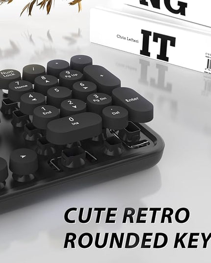 Wireless Keyboard and Mouse Combo, Cute Full Size 104-Key Typewriter Retro Round Keycaps Keyboard for PC Laptop,Windows,Desktop,Perfer for Home and Office Keyboards (Black)