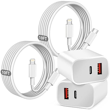 Fast Charger iPhone,Dual Port A/C iPhone Charger Fast Charging Adapter,2Pack Quick Double Phone Wall Charger Block,Apple Charger Block 10FT USB C to Lightning Cable foriPhone 14/13/12/11/ProMax/XS/XR