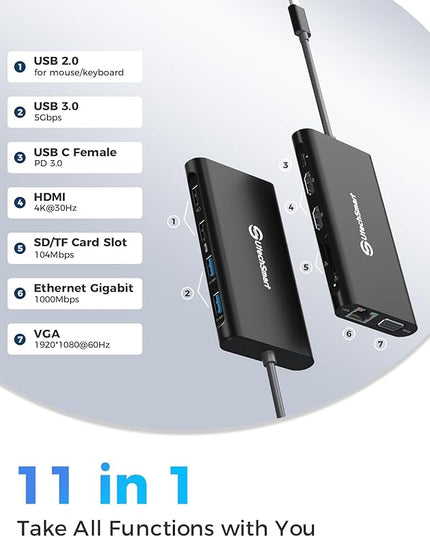 UtechSmart Triple Monitor USB-C Laptop Docking Station - 11-in-1 Dock with 2 HDMI, VGA, PD3.0, SD/TF Card Slot, 4 USB Ports - Compatible with MacBook & Windows (Black)