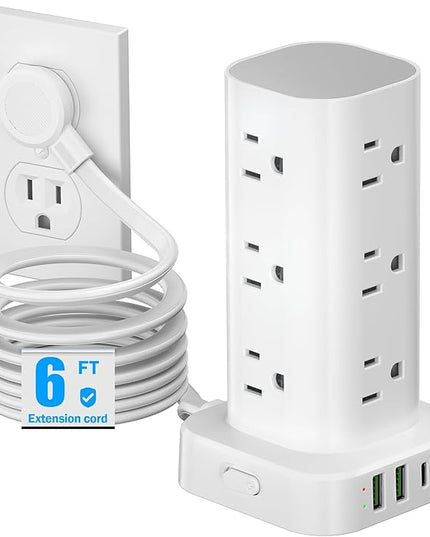 Tower Power Strips with Surge Protection, 6FT Flat Extension Cord with Multiple Outlets, 12 AC 4 USB Ports, Overload Protection Charging Station for Office Home Dorm Room Travel (White)