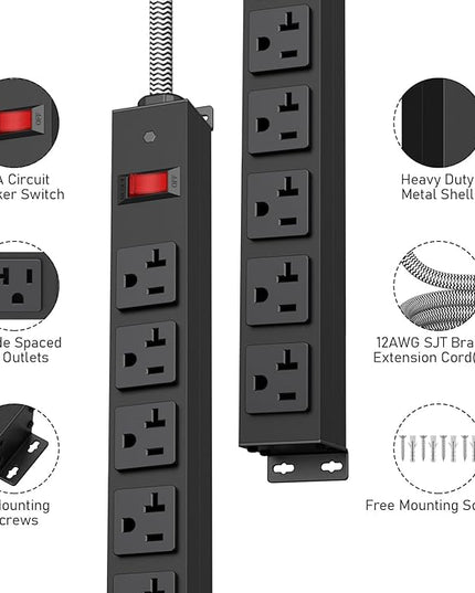 HEZI 20 Amp Power Strip Surge Protector 1200J, Metal 8 Outlets Heavy Duty 20amp, 10Ft 12 Gauge Extension Cord for Appliance Workbench Garage Industrial, Combine with T-Plug Adapter,5-20R T-Slot