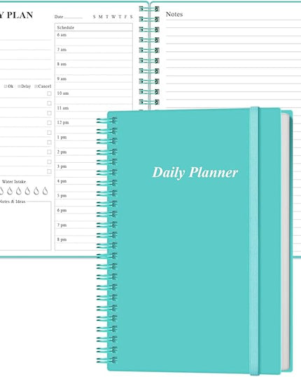 Daily Planner Undated - A5 To Do List Notebook Hourly Schedules, Spiral Appointment Planner for Women and Men, PVC Hardcover, Inner Pocket, Elastic Closure, 5.8" x 8.3", Teal