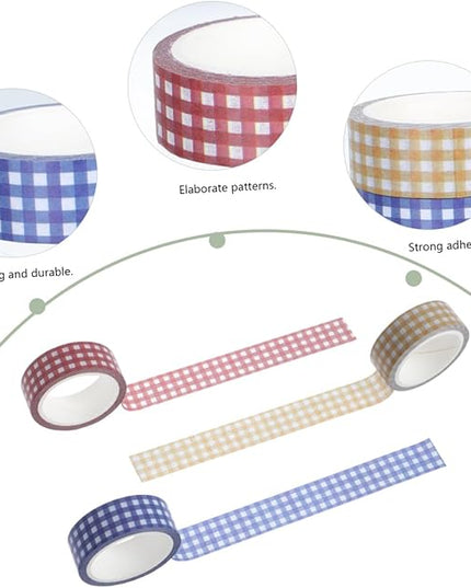 VILLCASE 12 Rolls Vintage Grid Pattern Washi Tape Retro Decorative Paper Tapes for DIY Journals Scrapbooking Planners Crafts Red Blue Yellow for Creative Stationery and Wrapping