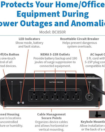 Tripp Lite 850VA UPS Desktop Battery Backup and Surge Protector, 450W, 5 Outlets, Home & Office UPS, Small Form Factor, Wall Mounting Option, 5ft Cord, 3-Year Warranty (BC850R)