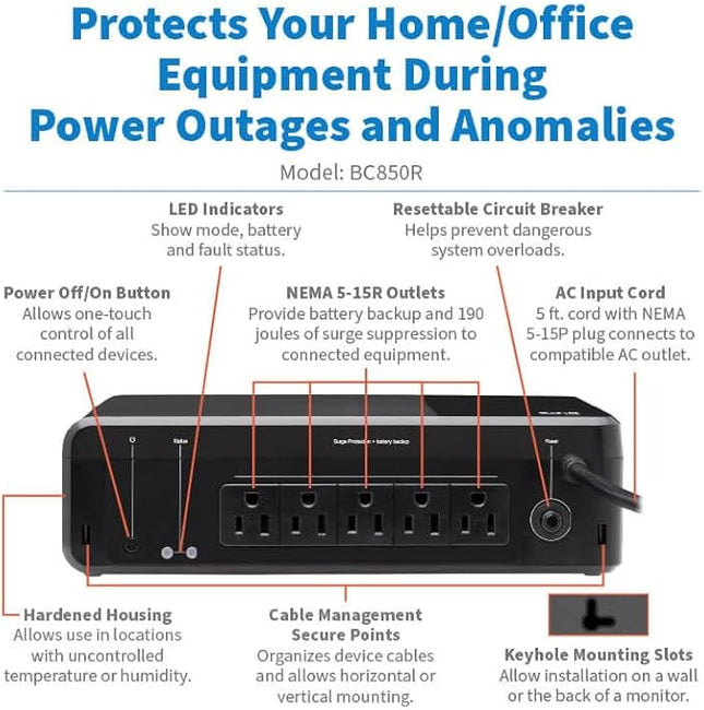 Tripp Lite 850VA UPS Desktop Battery Backup and Surge Protector, 450W, 5 Outlets, Home & Office UPS, Small Form Factor, Wall Mounting Option, 5ft Cord, 3-Year Warranty (BC850R)