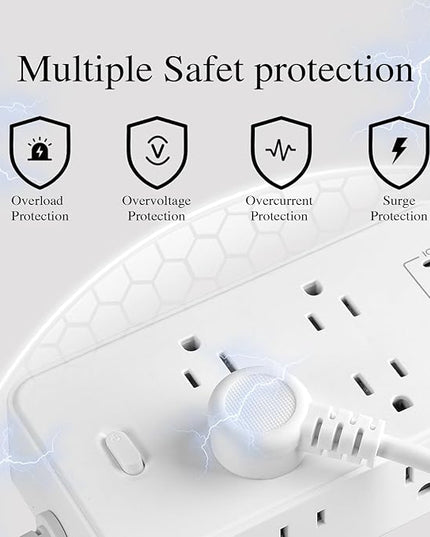 10FT Power Strip Extension Cord Surge Protector with 8 Outlets and 2 USB & 2 USB-C Port(5V 3.1A),Bold Extension Cord with Fuse Surge Protected Power Strip for Home Office (White)