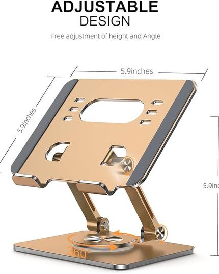 Tablet Stand Holder with Thickened 360°Rotating Base Dual Rod Adjustable Aluminum Stand for All 5.8-12.9” iPad Samsung Phone Tablet Kindle E-Reader and More, Gold