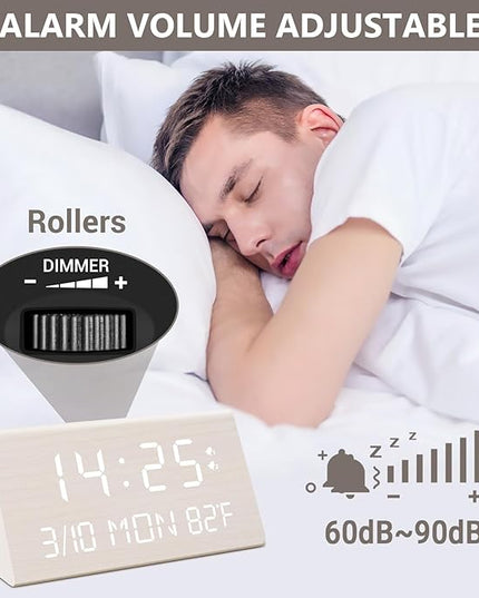 Kogonee Wooden Digital Alarm Clock, 0-100% Dimmer, 2 Alarm Settings, Weekday/Everyday Mode, 9 Mins Snooze, 12/24H, Temperature and Date Display for Office, Travel, Bedroom Alarm Clock (White)