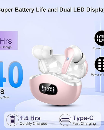 Wireless Earbuds, Bluetooth Headphones 5.4 HiFi Stereo Ear buds with ENC Noise Cancelling Mic, 40H Bluetooth Earbuds with Dual LED Display Charging Case, IP7 Waterproof Earphones for Android iOS, Pink