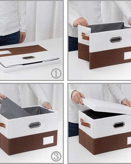 PRANDOM Foldable Storage Bins with Lids [3-Pack] Fabric Collapsible Storage Boxes Baskets Cubes Containers with Handles for Closet Living Room Bedroom (Brown & White 14.9x9.8x9.8'')