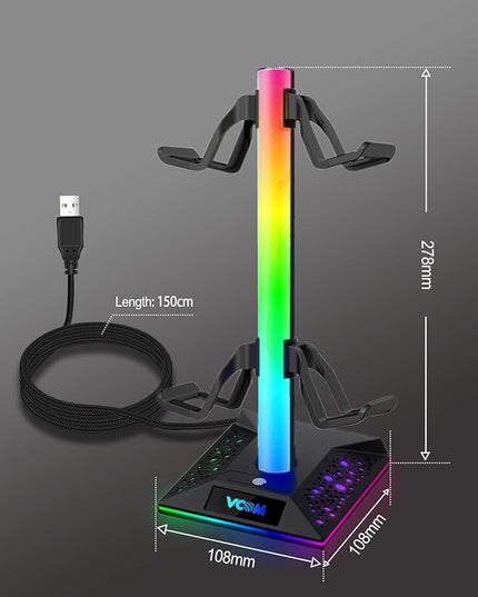 RGB Gaming Headphones Stand with 2 USB Ports Headset Stand with 10 Light Modes and Non-Slip Rubber, Suitable for All Earphone Accessories, Best Gift for Husband, Kids, Boyfriend