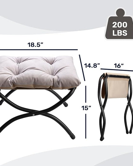 HollyHOME 15"(H) Folding Footrest Stool, Upholstered Small Foldable Ottoman, Accent Padded Sofa Foot Stool for Lazy Chair, Metal Frame Portable Foot Rest Ottoman for Home, Living Room, Bedroom, Grey