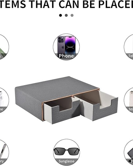 RHCSZ Linen Leather Desk Organizer with Drawers－Mini Desktop Drawer Organizer Stackable－Multifunctional Tabletop Organization Storage Box for Office Supplies Home Vanity Toiletries (Grey, 2-drawers)