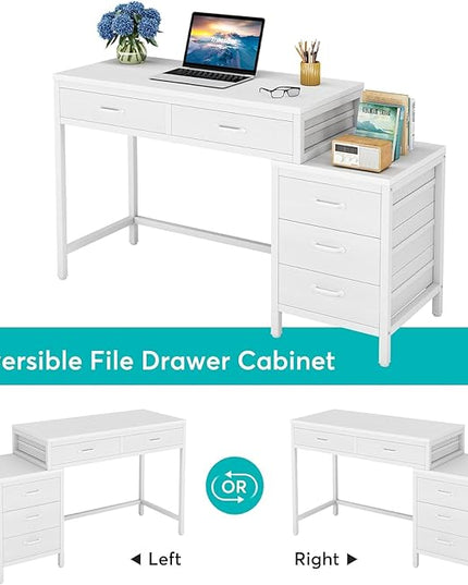 Tribesigns Computer Desk with 5 Drawers, Home Office Desks with Reversible Drawer Cabinet Printer Stand, Industrial PC Desk with Storage, White Study Writing Table Workstation for Small Spaces
